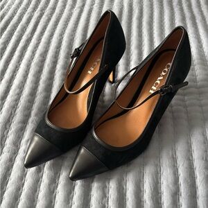 Coach Smith Mary Jane Black Suede Leather 3” Heel Shoes Pointed Cap Toe EUC 7.5
